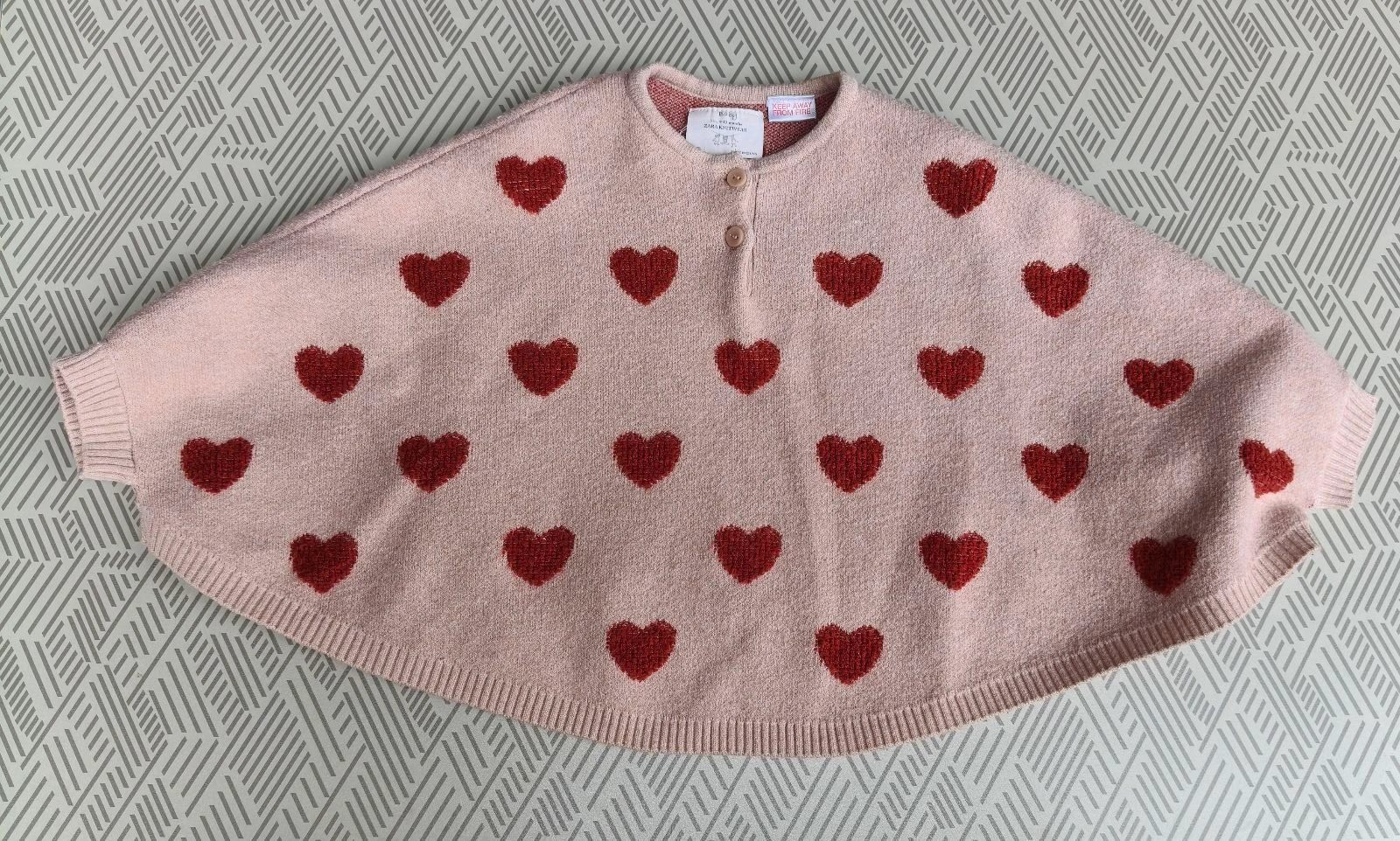 Poncho chaud fille Zara rose coeurs 80 cm